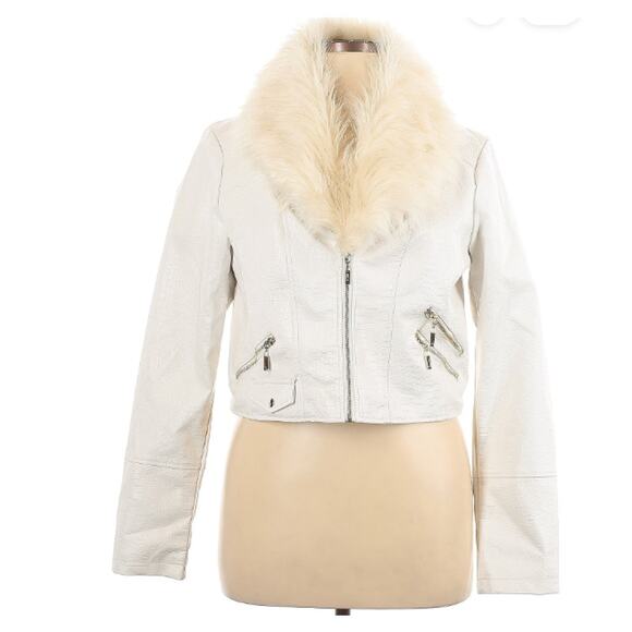 Guess Womens Size XL Faux Leather Jacket Coat Faux Fur Winter Moto Cropped Biker - Picture 1 of 4